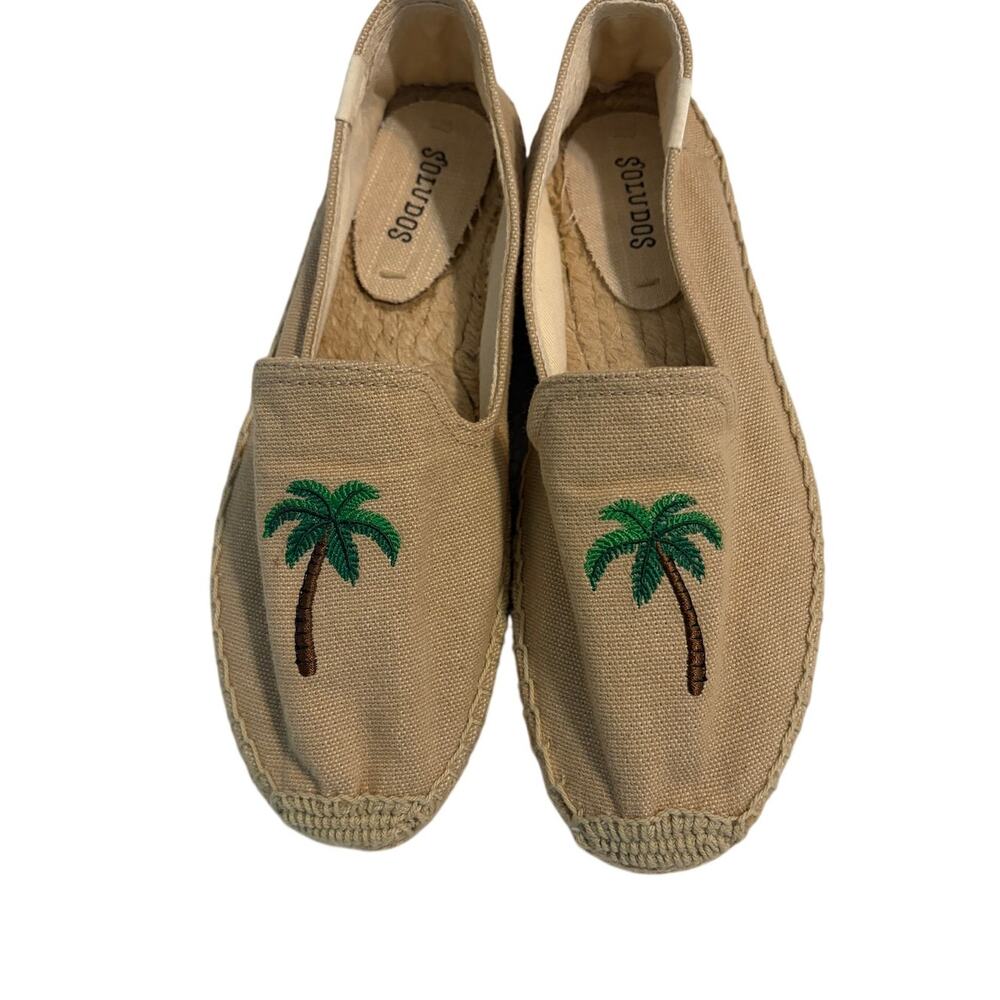 Soludos Palm Tree Embroidered Espadrille Flats Tan Canvas Slip On Shoes 8 Resort